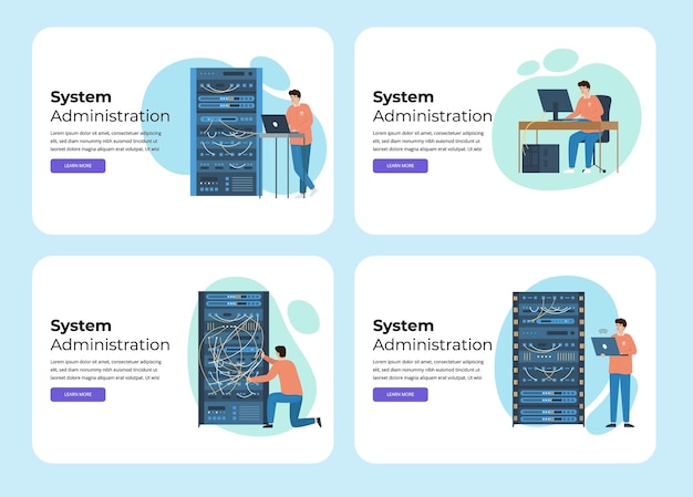 Free vector system administrator flat cards with horizontal web pages with editable text clickable links and doodle images vector illustration