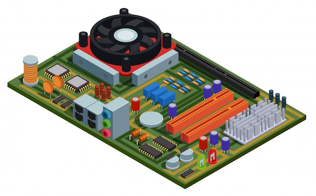 Free vector system plate for pc isometric illustration with semiconductor elements slots microchips capacitors diodes transistors