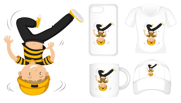 Free Vector t-shirt, cover mobile, mug and cap design with hipster boy