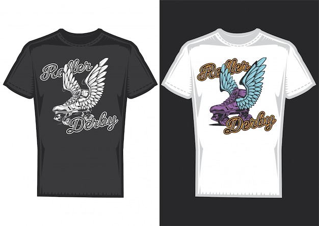 Free Vector t-shirt design on 2 t-shirts with posters of rollers with wings.