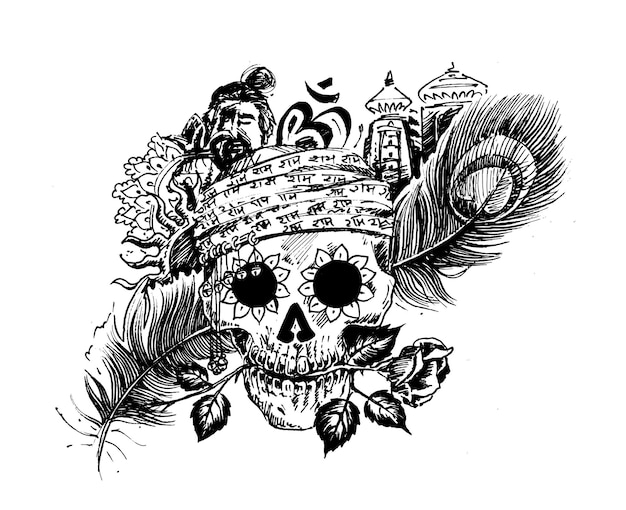 T-shirt Design - Men Skull with Rose Peacock Feather Temple for Black Magic.