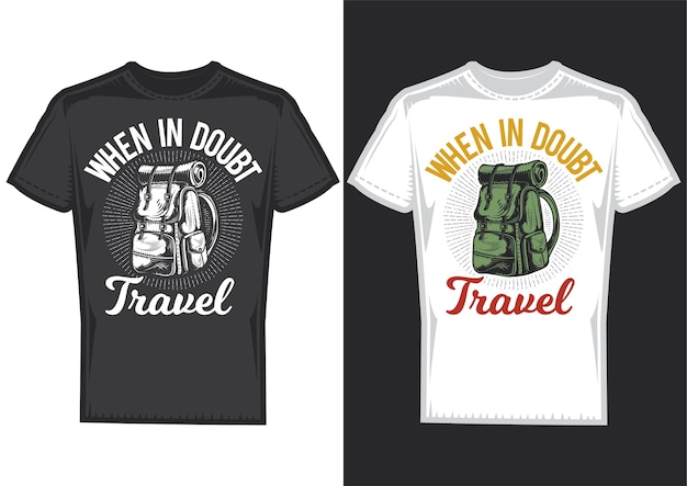 T-shirt design samples with illustration of a camping backpack.