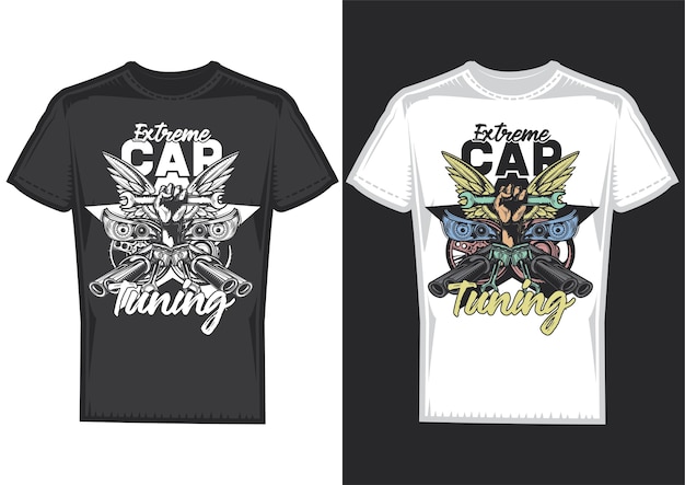 T-shirt design samples with illustration of car tuning