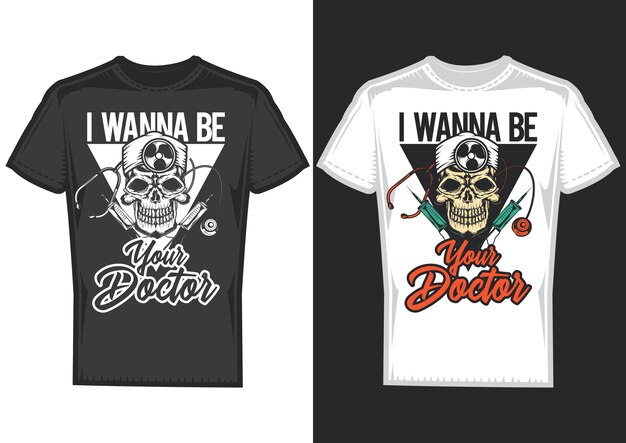 T-shirt design samples with illustration of doctor's skull.