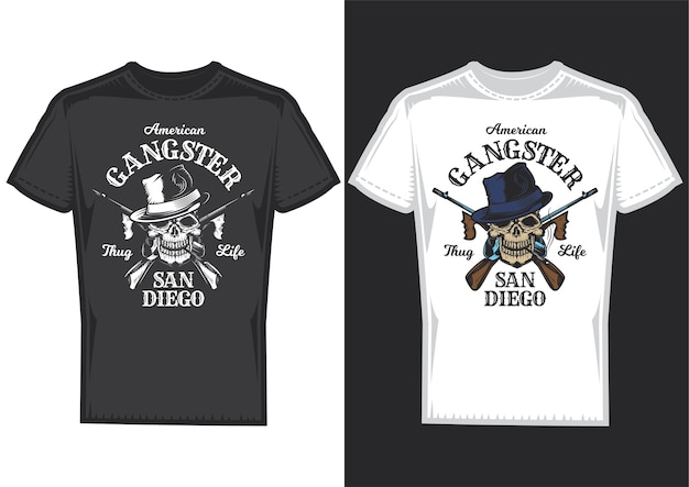 T-shirt design samples with illustration of a skull with guns.