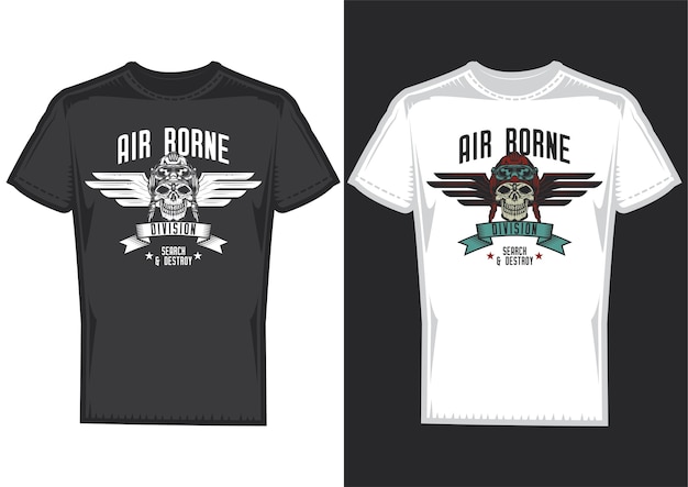 T-shirt design samples with illustration of skull with wings design.