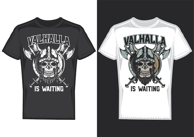 T-shirt design samples with illustration of a viking's skull with helmet and axes.