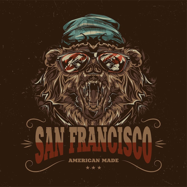 Free vector t-shirt label design with illustration of hipster style bear in a hat and glasses