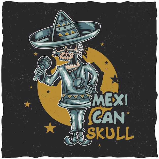 T-shirt label design with illustration of mexican musician