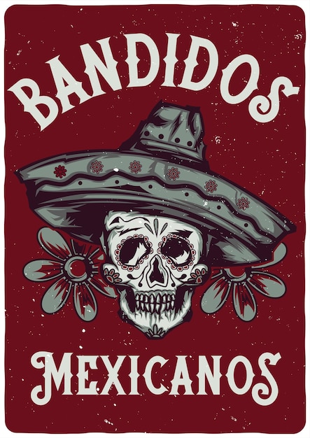 Free Vector t-shirt label design with illustration of mexican skull in sombrero