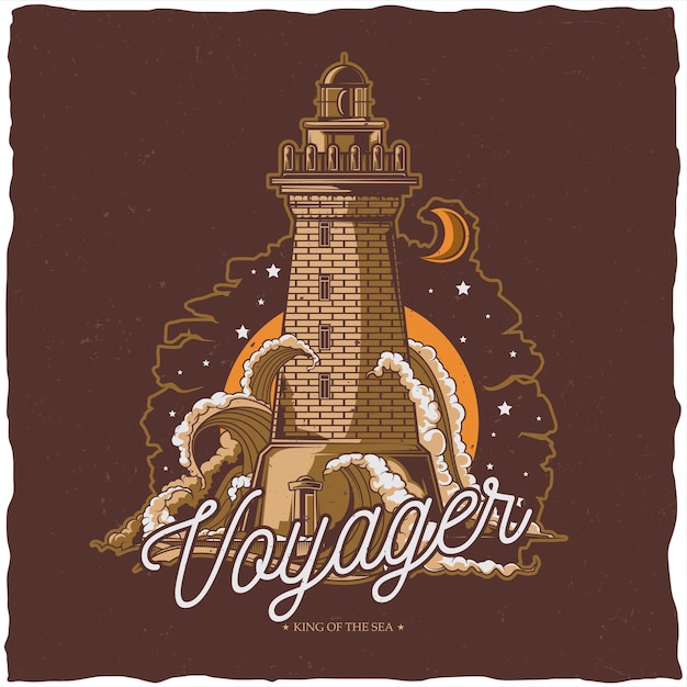 Free Vector t-shirt label design with illustration of old lighthouse.