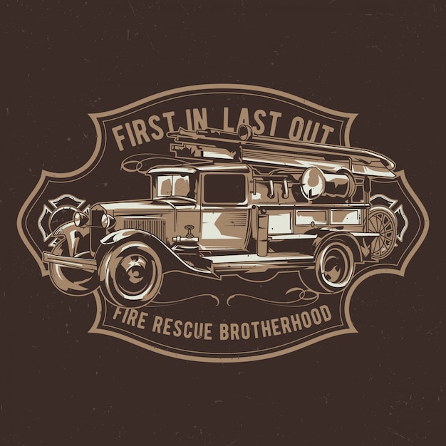 Free vector t-shirt label design with illustration of vintage fire truck.