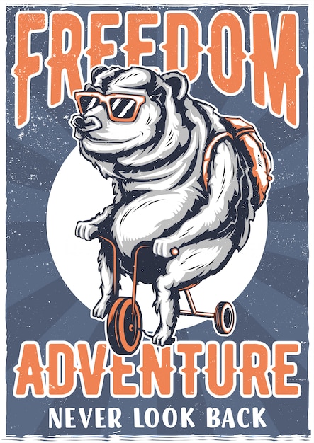 T-shirt or poster design with illustraion of bear on a bike