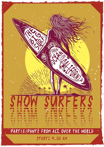 Free vector t-shirt or poster design with illustraion of a girl with surfboard.