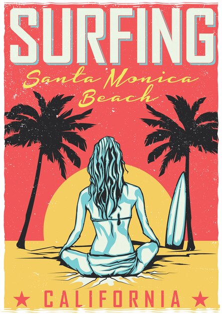 Free Vector t-shirt or poster design with illustraion of girl with surfing board