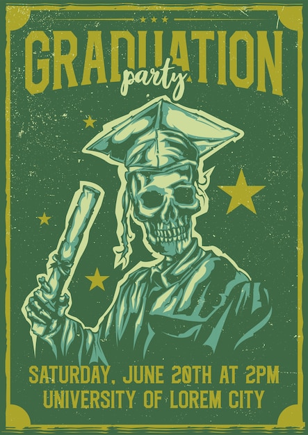 Free Vector t-shirt or poster design with illustraion of graduation of skeleton