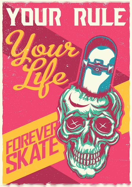 Free Vector t-shirt or poster design with illustraion of skull with skateboard