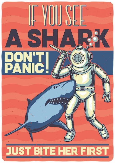 T-shirt or poster design with illustration of a diver with shark.