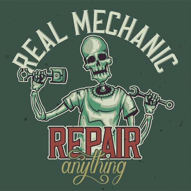 Free Vector t-shirt or poster design with illustration of skeleton of mechanic.