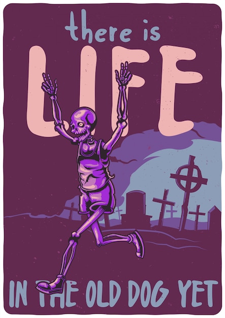 Free Vector t-shirt or poster design with illustration of skeleton running from the cemetery.