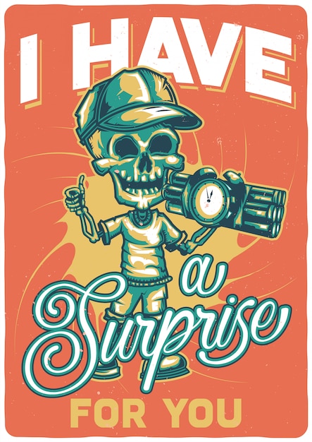 T-shirt or poster design with illustration of a skeleton with a bomb.