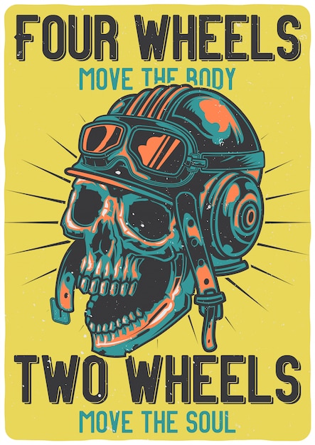 T-shirt or poster design with illustration of a skull with helmet.