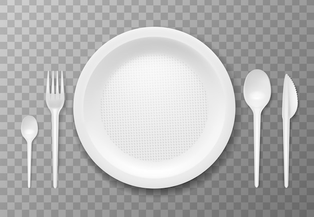 Free vector table setting with disposable tableware at transparent background realistic vector illustration