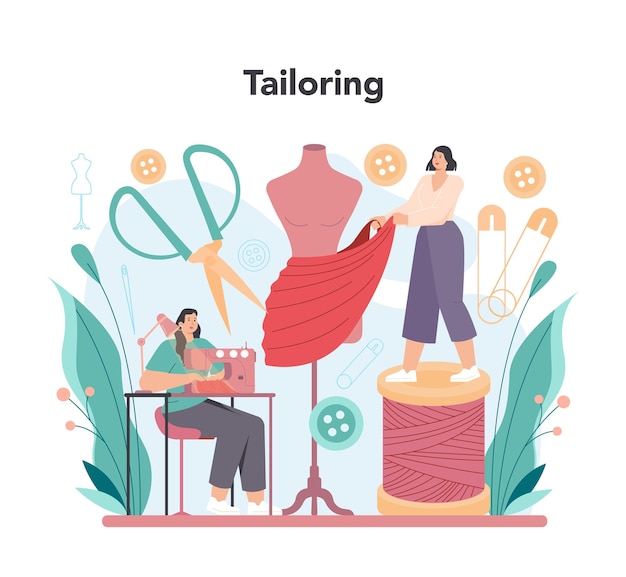 Free vector tailor concept fashion designer sewing or fitting clothes dressmaker working on power sewing machine and taking measurements vector flat illustration