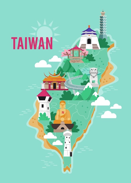 Taiwan map with landmarks illustrated