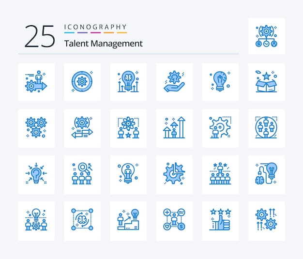 Talent Management 25 Blue Color icon pack including cog setting wheel arrow bulb