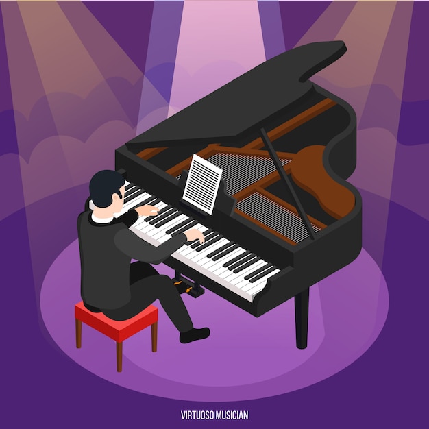 Free Vector talented pianist during concert in rays of light isometric composition on purple