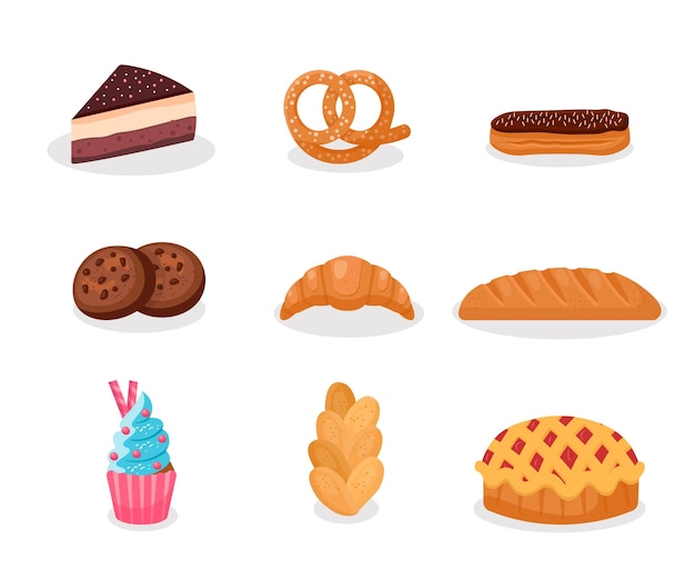 Free Vector tasty baking pastry illustration set delicious confectionery bread products cafe dessert menu bakery assortment