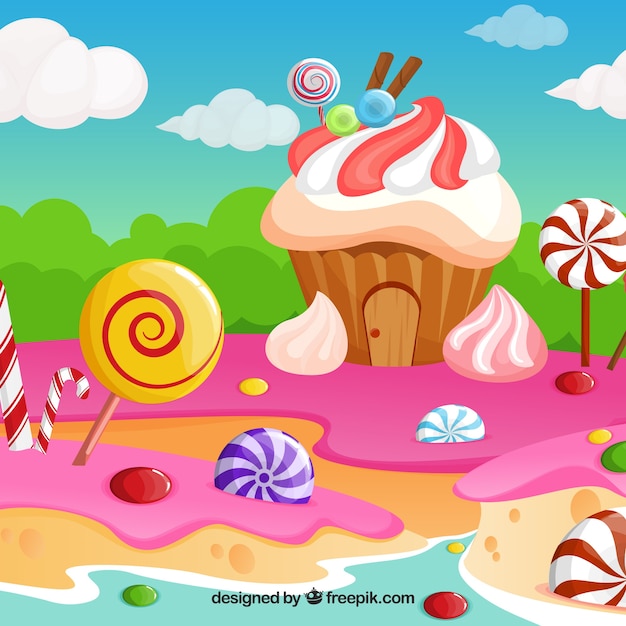 Tasty candy land background in flat style