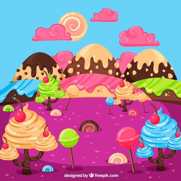 Free Vector tasty candy land background in flat style