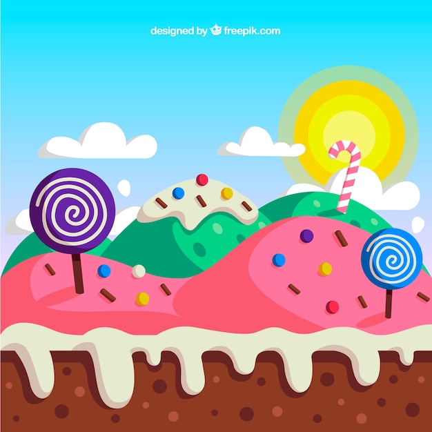 Tasty candy land background in flat style