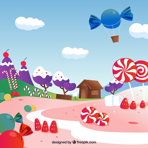 Free Vector tasty candy land background in flat style