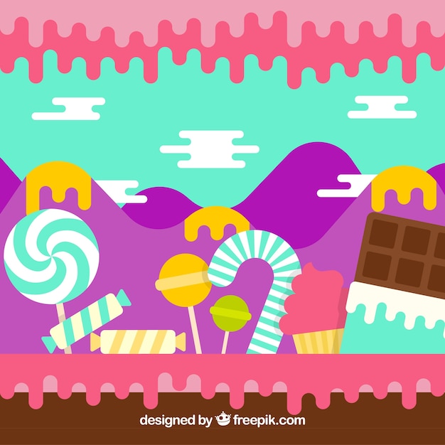 Free Vector tasty candy land background in flat style