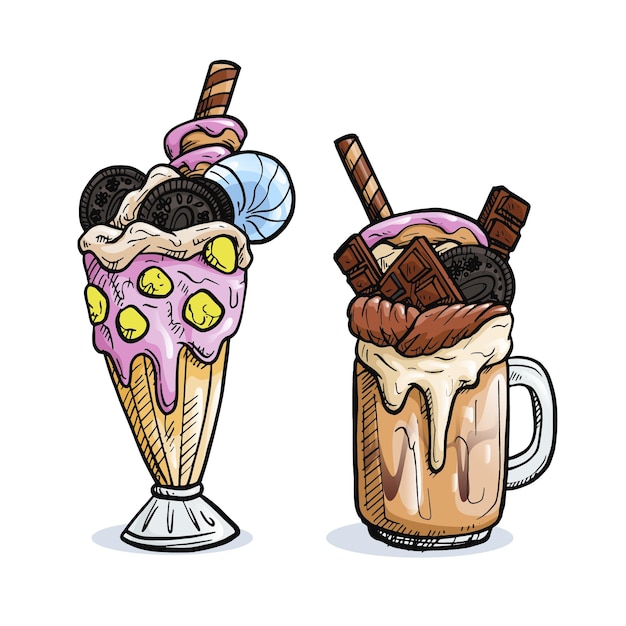 Free vector tasty chocolate hand drawn monster shakes