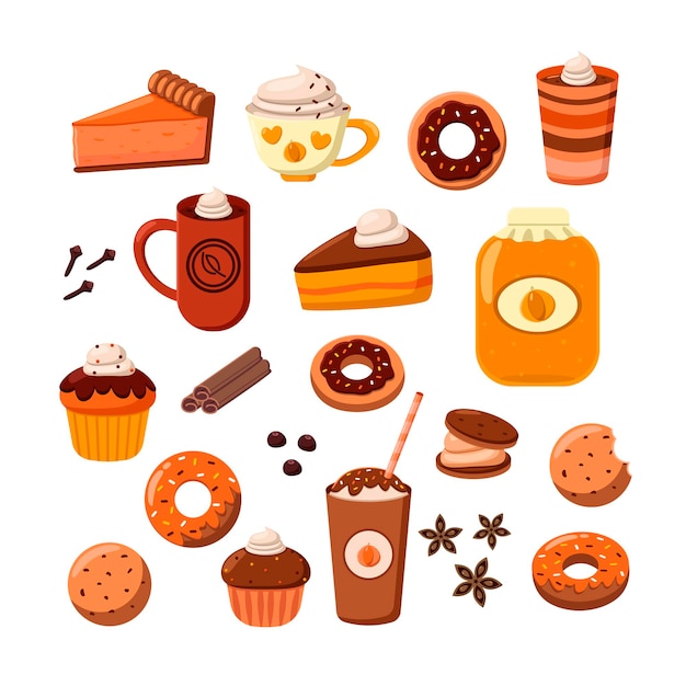 Tasty desserts and coffee cartoon illustration set. Pumpkin and chocolate pie, donut and muffins. Hot frappe, fall and Halloween drinks with spices isolated on white background. Food, beverage concept