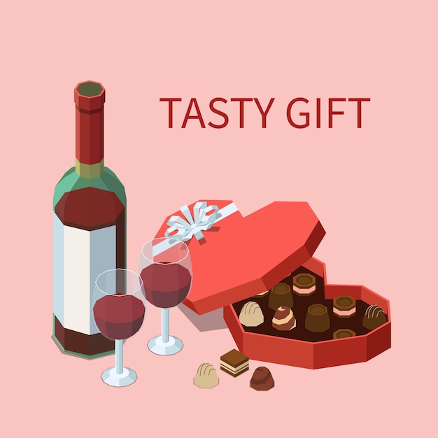 Tasty gift illustration with chocolates and wine