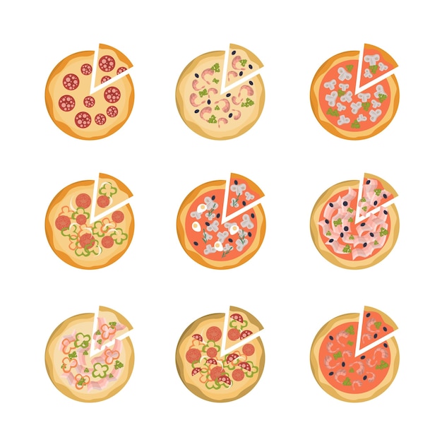 Tasty pizza set All kinds of pizza on white background