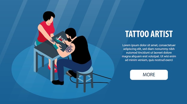 Free Vector tattoo artist horizontal banner with man making tattoo on arm of young woman isometric vector illustration