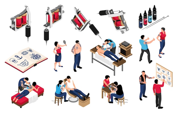 Free Vector tattoo isometric set of professional equipment album with various tattooing design style images tattooists at work isolated vector illustration