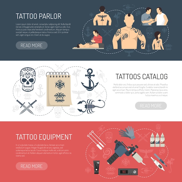 Free Vector tattoo studio horizontal banner set