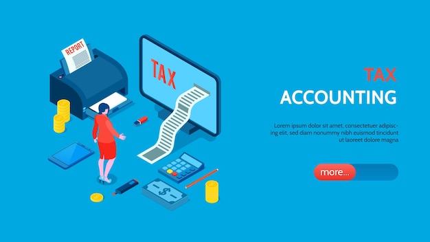 Tax accounting isometric horizontal banner with woman accountant cash computer calculator