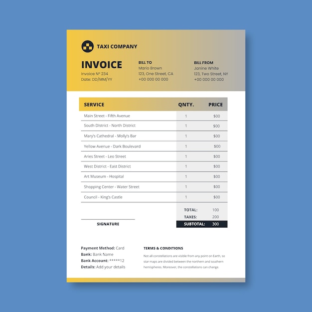 Taxi company invoice template design