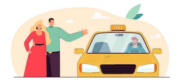 Taxi driver stopping by married couple. Husband and wife standing next to yellow cab flat vector illustration. Taxi service, transportation concept for banner, website design or landing web page