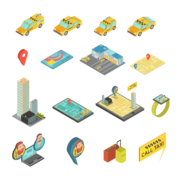 Free Vector taxi and gadgets isometric set including cars, houses, payment card, map, smart watch, baggage isolated vector illustration  