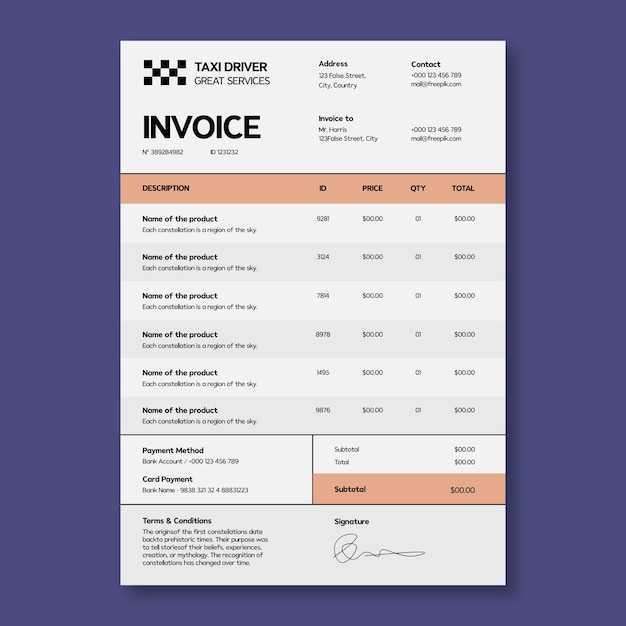 Taxi invoice template design