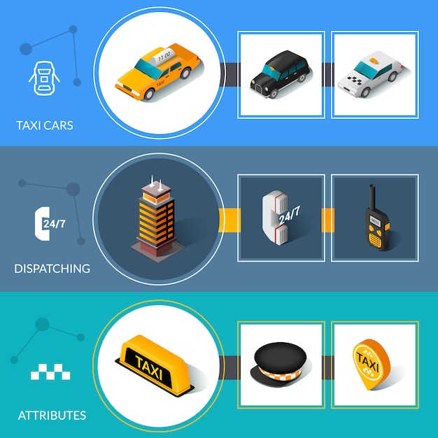 Free Vector taxi isometric flat informative banners set  